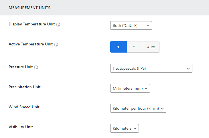 weather measurement options of the best WordPress weather plugin