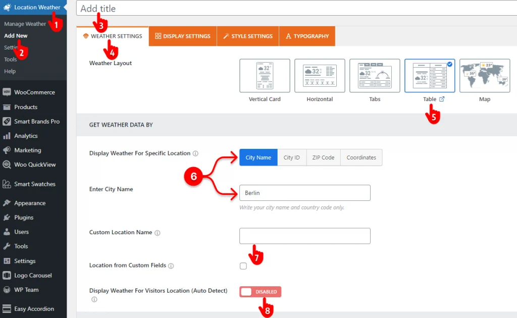 steps to set weather data table 