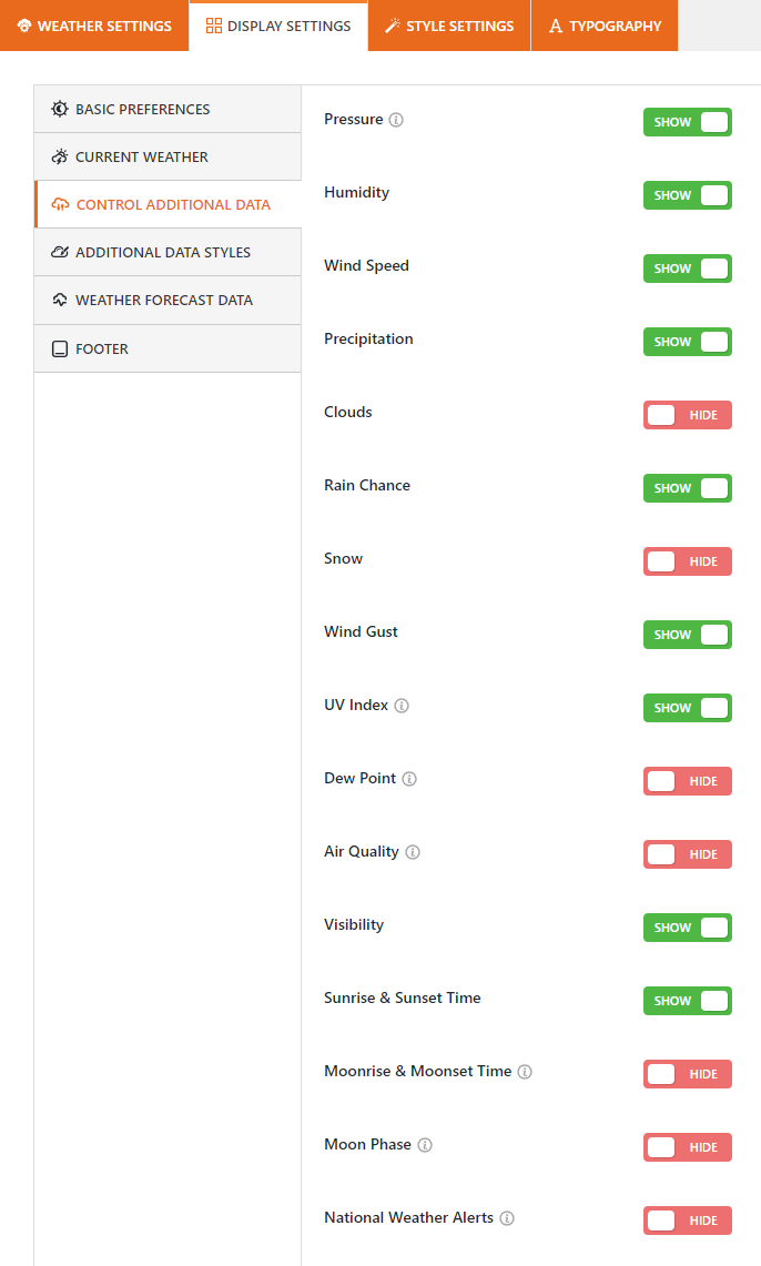 Weather additional data toggles 