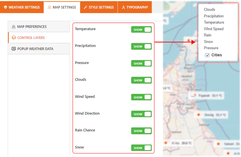 weather map layers toggles 