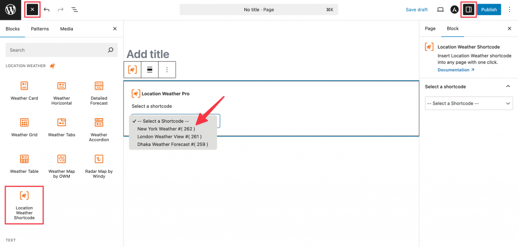 How to display weather forecast using location weather shortcode