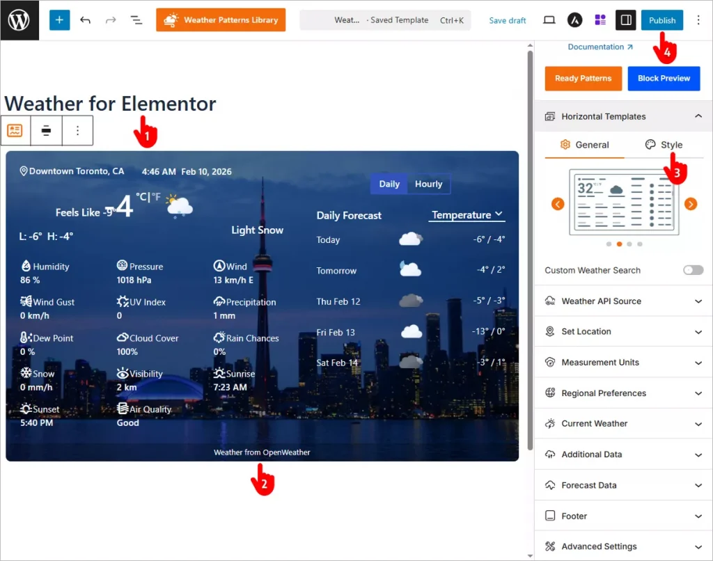 steps to customize weather forecast in Elementor 