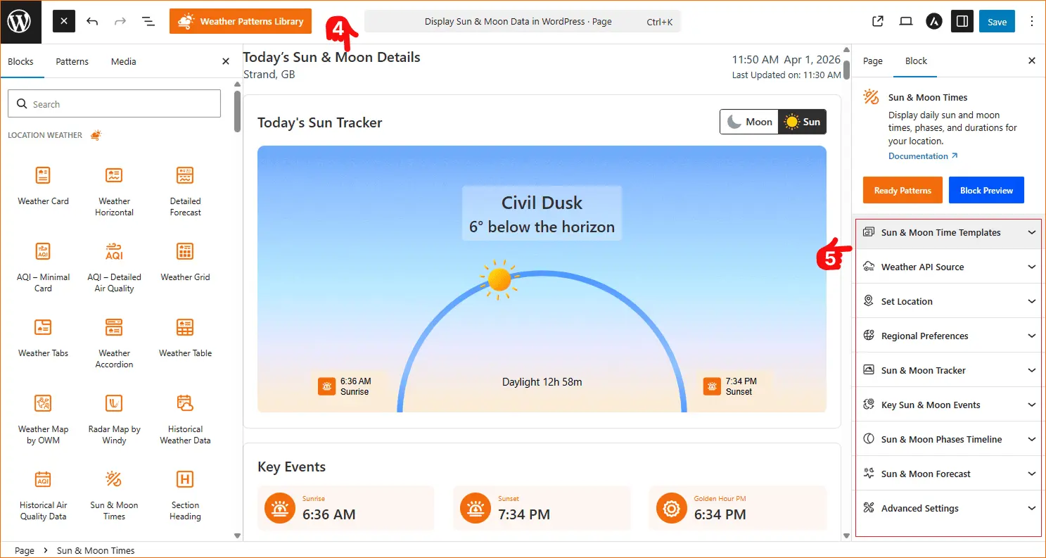 How to Add SunRise, Sunset, Solar Moon & Golden Hour Times in WordPress Website