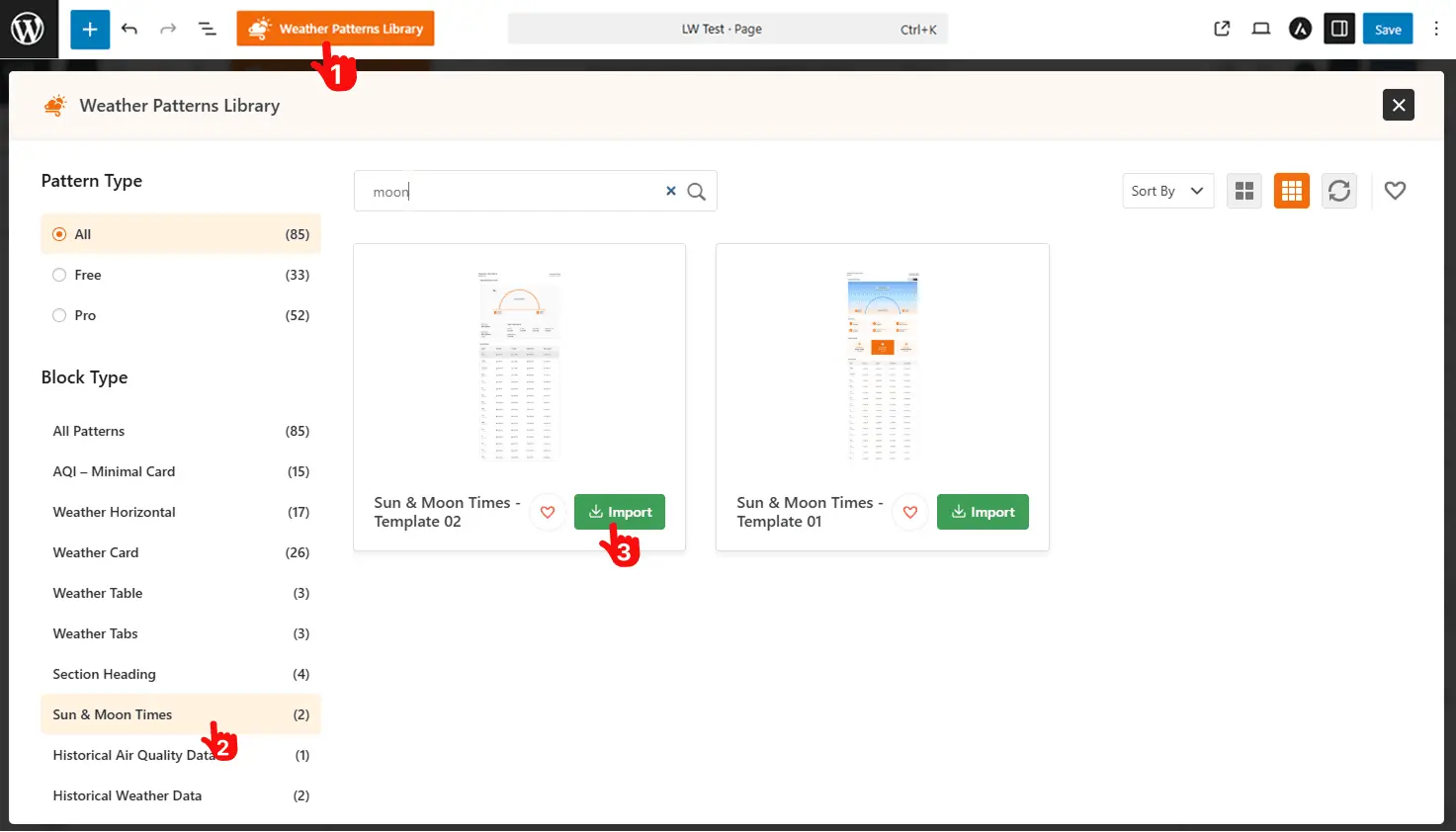 How to choose Ready Sun & Moon Pattern from Weather Patterns Library